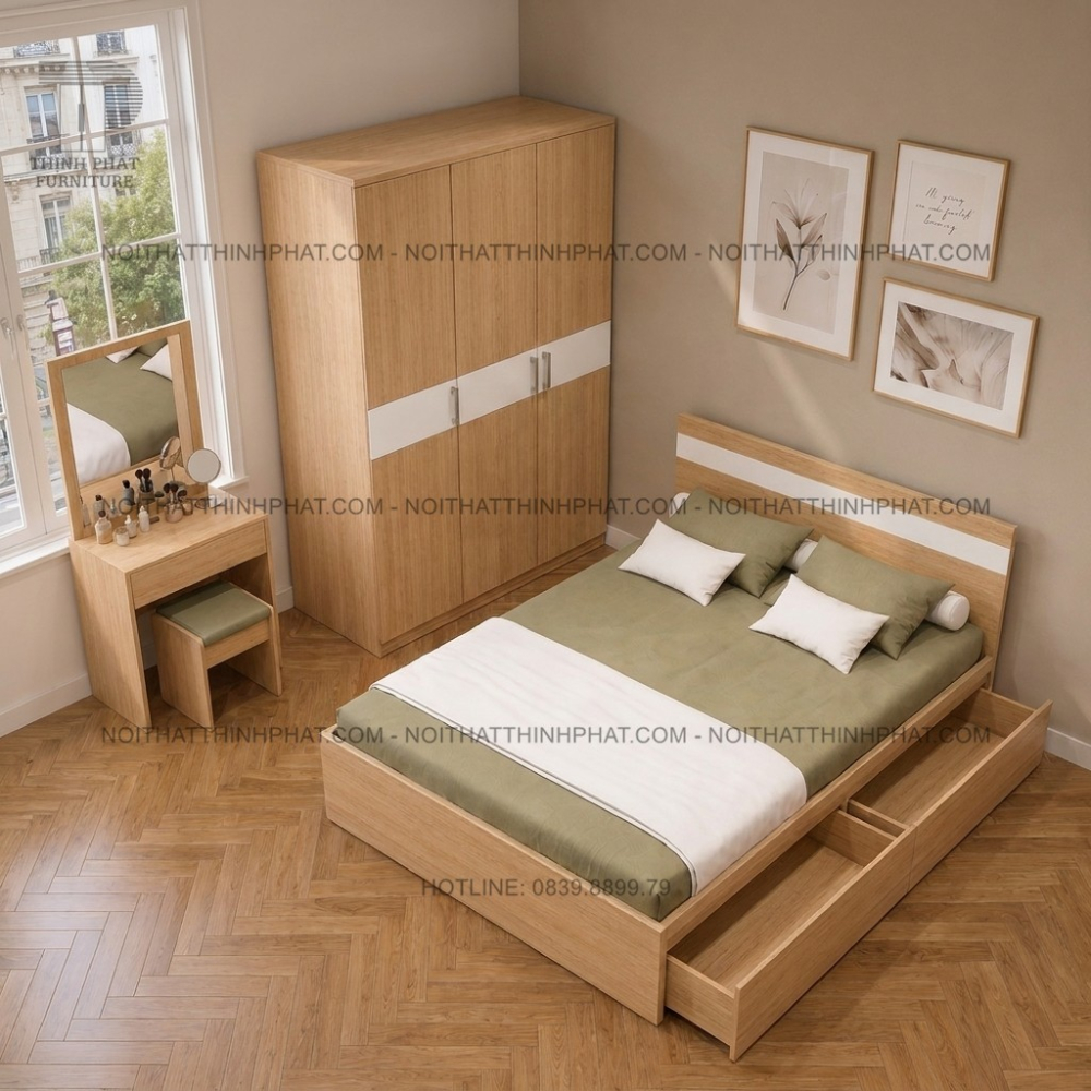 Combo Phòng Ngủ MDF Hiện Đại Tone Gỗ Sồi Phối Trắng Có Tủ Áo 3 Cánh, Giường Ngủ Và Bàn Phấn - PN08